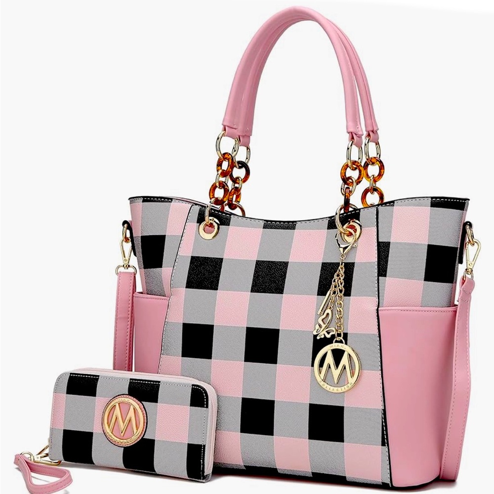 NWT new with tags - Mia k bag and wallet. Checkered pink and black with gold